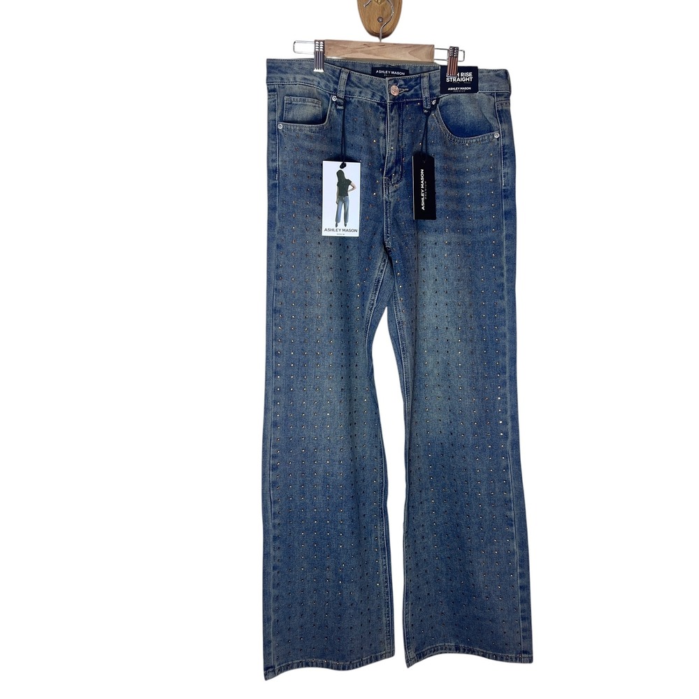Ashley Mason Premium High Rise Straight Leg Studded Jeans Medium Wash Blue NEW
